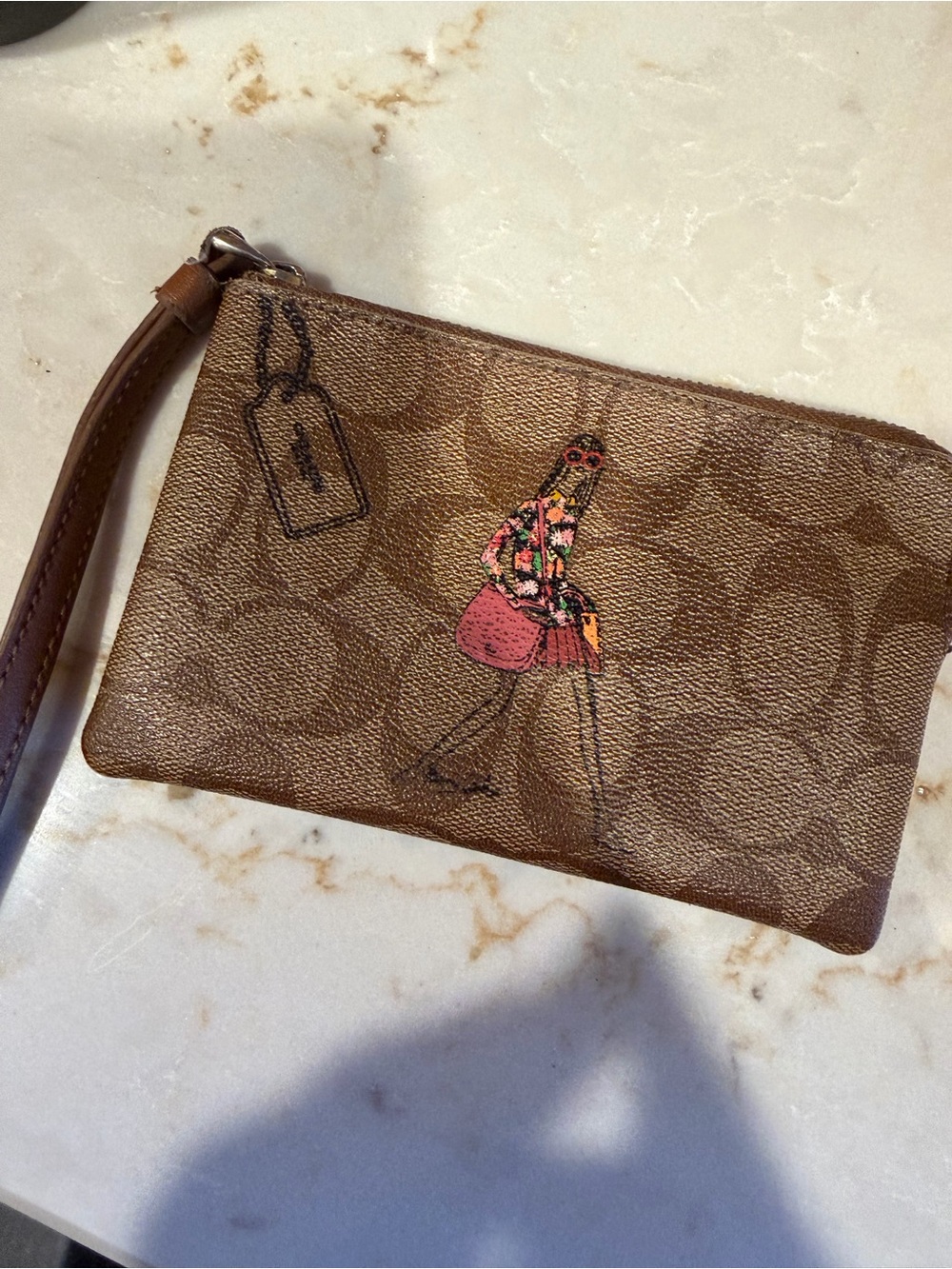 Coach Brown Signature Wristlet Pouch with Fashion Graphic Bonnie Cashin